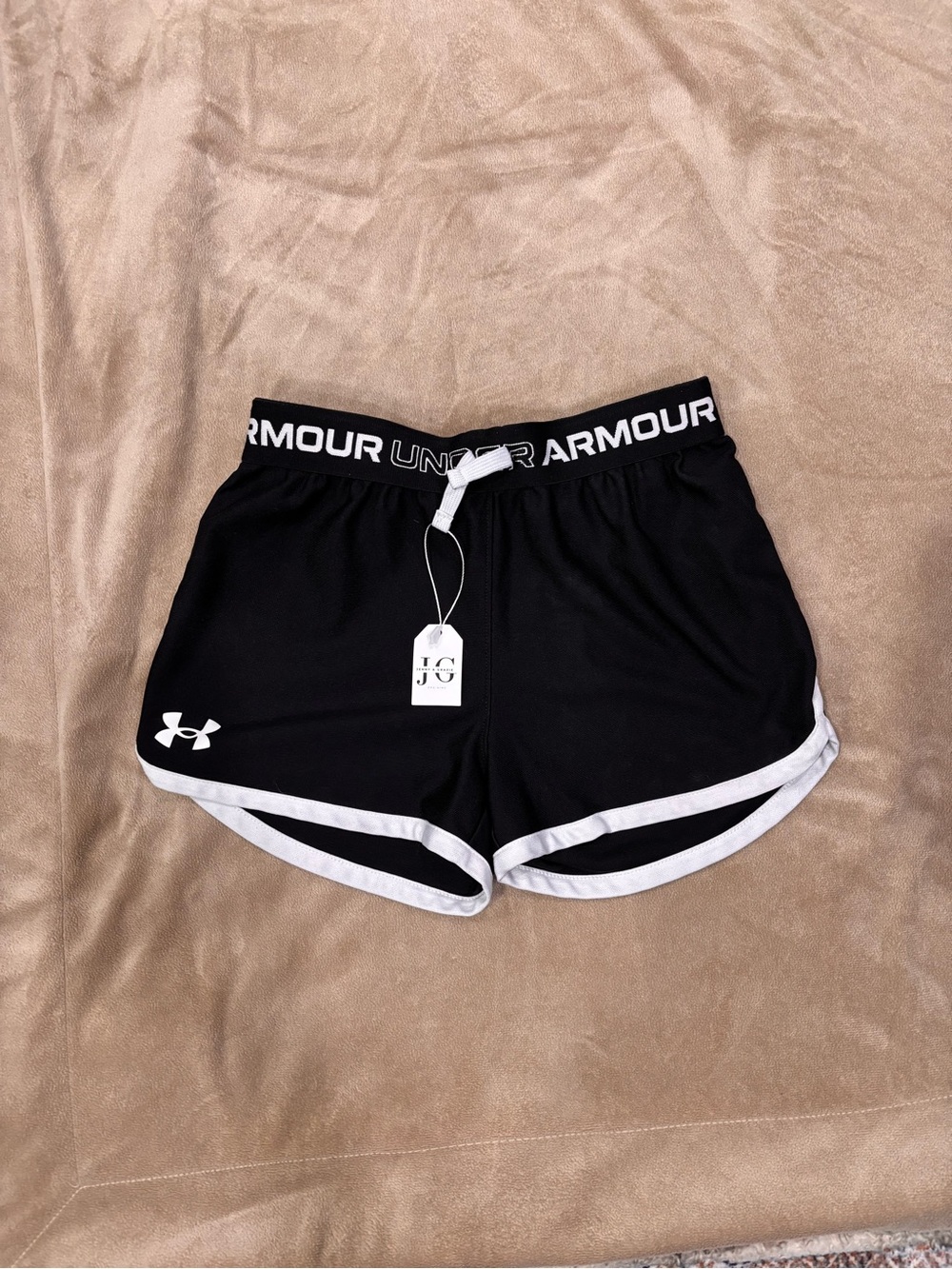 Under Armour Black Athletic Shorts with White Trim and Logo